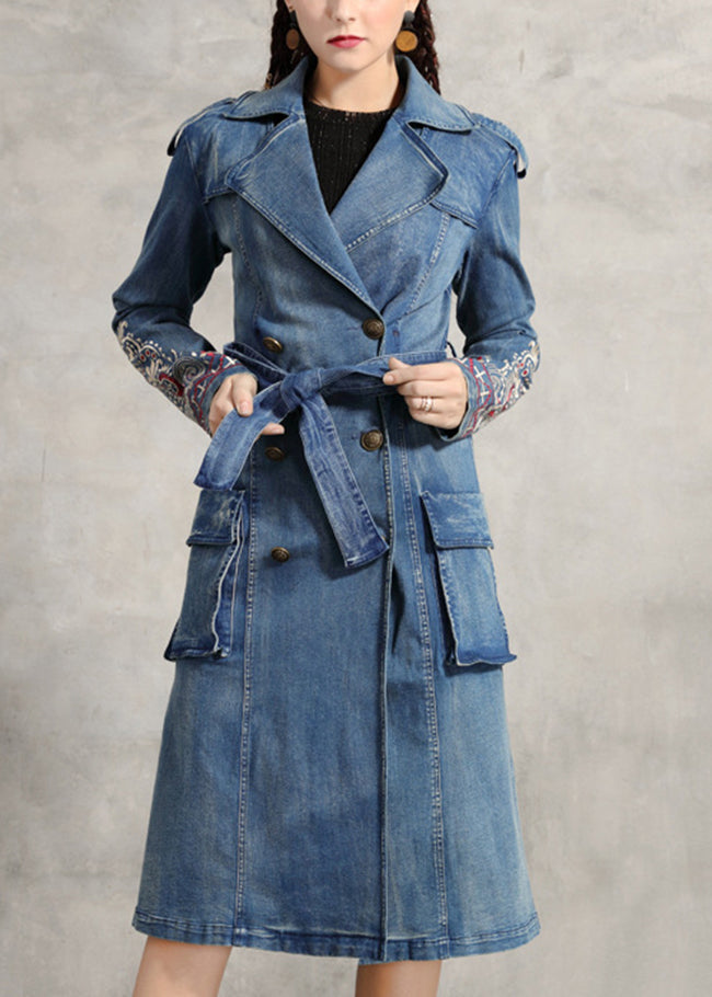 Simple Blue Peter Pan Collar Pockets Embroideried Double Breast Sashes Cotton Denim Trench Coats Spring