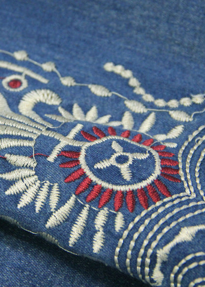 Simple Blue Peter Pan Collar Pockets Embroideried Double Breast Sashes Cotton Denim Trench Coats Spring