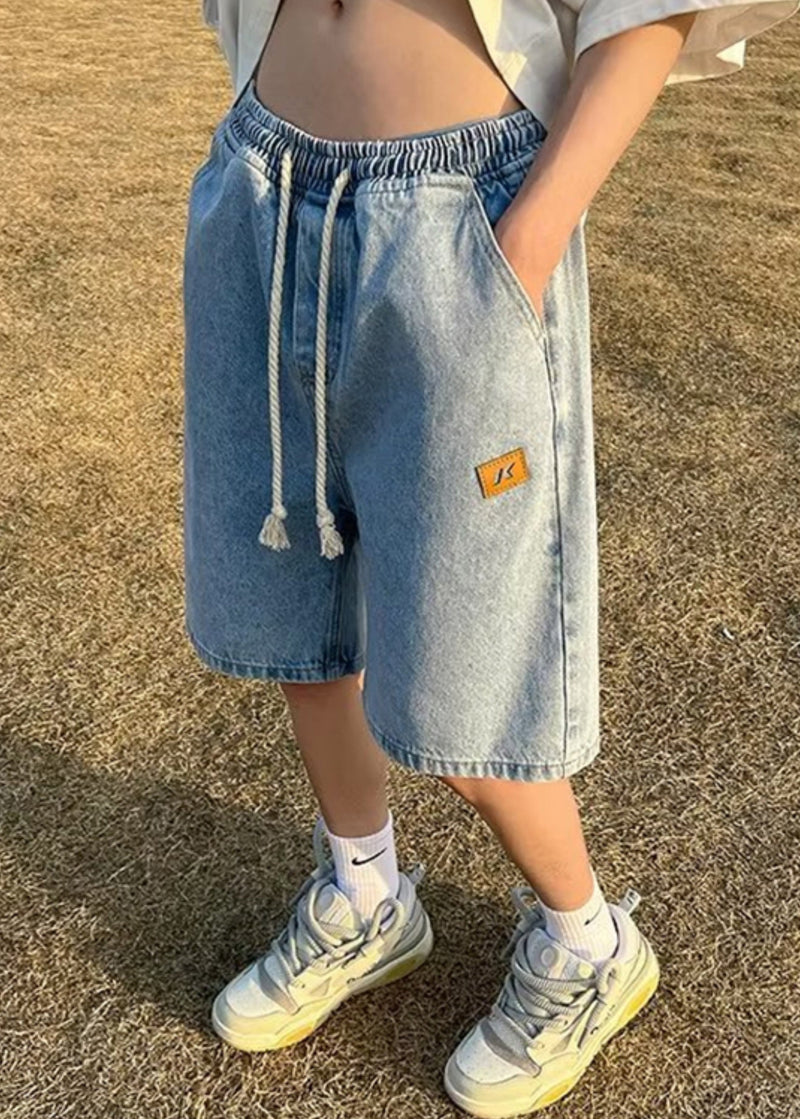 Simple Blue Pockets Drawstring Denim Shorts Summer