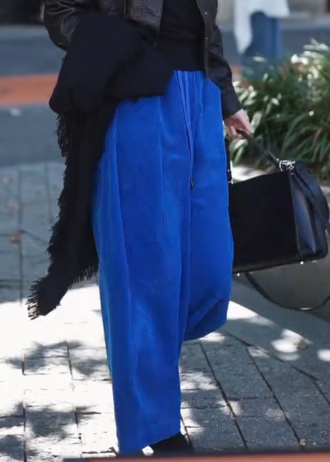 Simple Blue Pockets Elastic Waist Corduroy Wide Leg Pants Spring