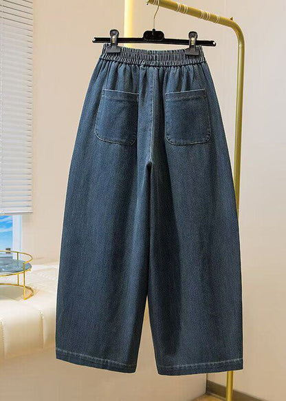 Simple Blue Pockets Elastic Waist Denim Crop Pants Spring