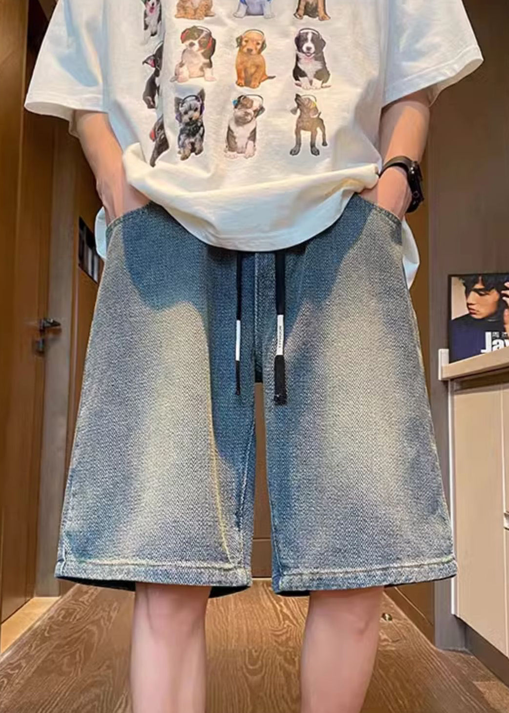 Simple Blue Pockets Elastic Waist Denim Shorts Summer