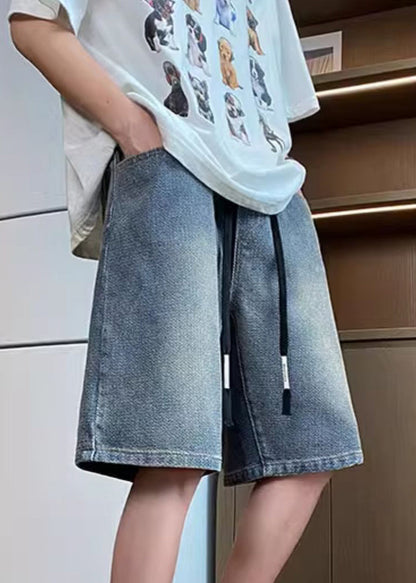 Simple Blue Pockets Elastic Waist Denim Shorts Summer