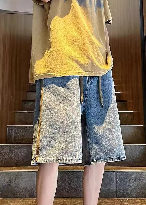Simple Blue Pockets Elastic Waist Denim Shorts Summer