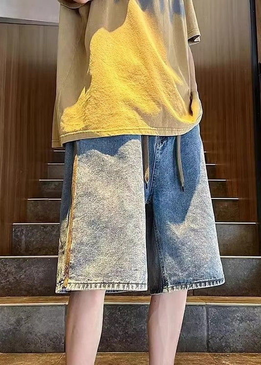 Simple Blue Pockets Elastic Waist Denim Shorts Summer