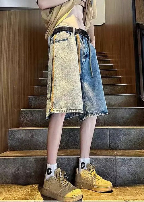 Simple Blue Pockets Elastic Waist Denim Shorts Summer