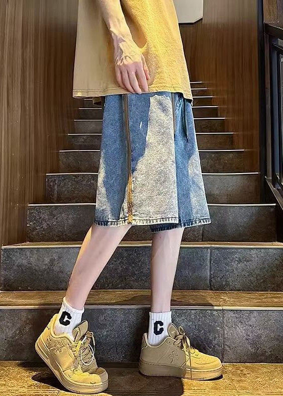Simple Blue Pockets Elastic Waist Denim Shorts Summer
