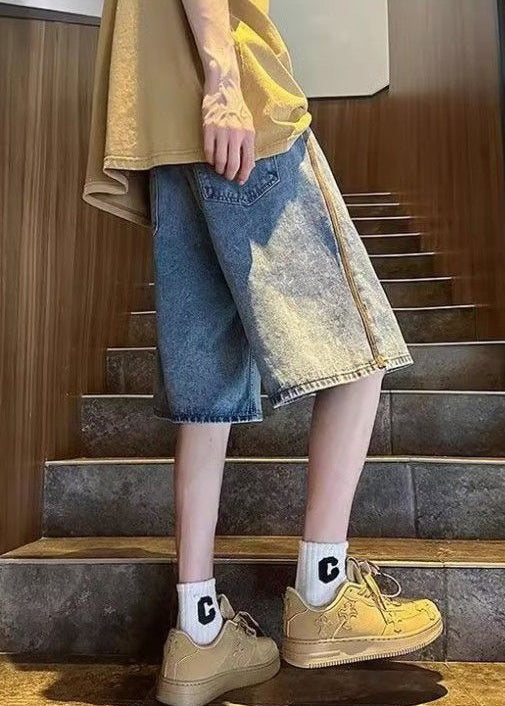 Simple Blue Pockets Elastic Waist Denim Shorts Summer