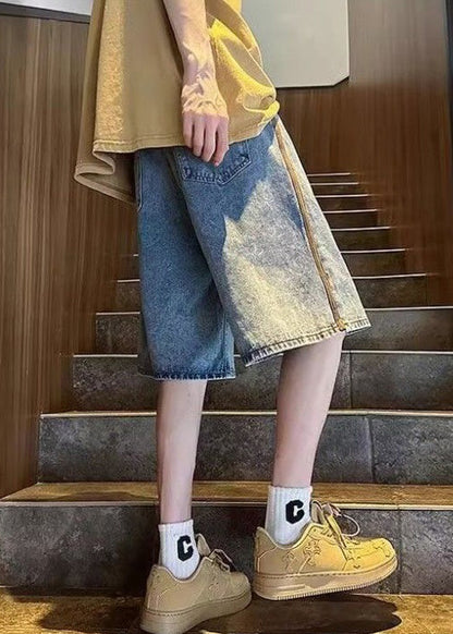 Simple Blue Pockets Elastic Waist Denim Shorts Summer