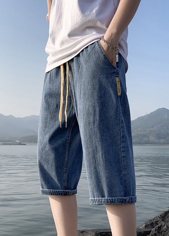 Simple Blue Pockets Elastic Waist Denim Crop Pants Summer
