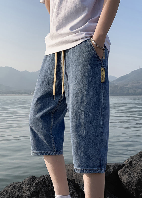 Simple Blue Pockets Elastic Waist Denim Crop Pants Summer