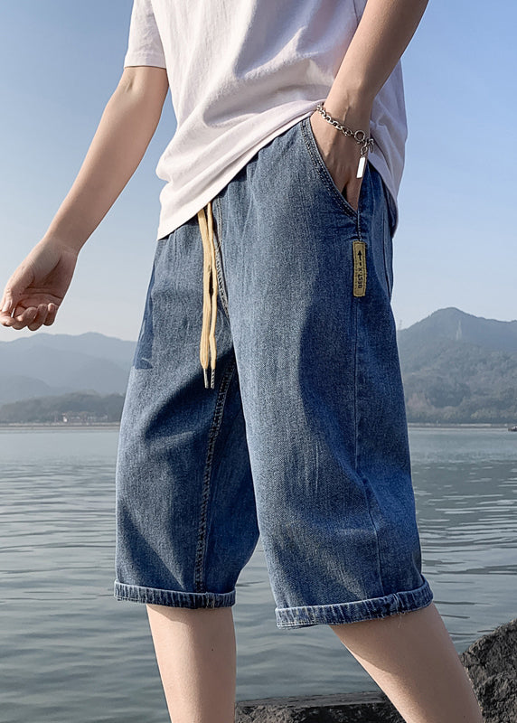 Simple Blue Pockets Elastic Waist Denim Crop Pants Summer