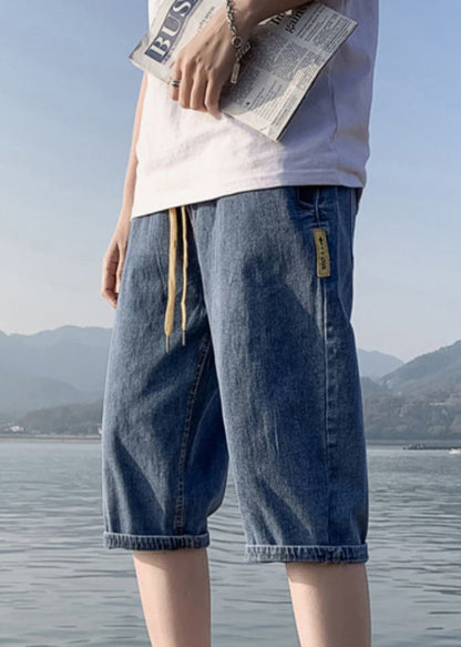 Simple Blue Pockets Elastic Waist Denim Crop Pants Summer