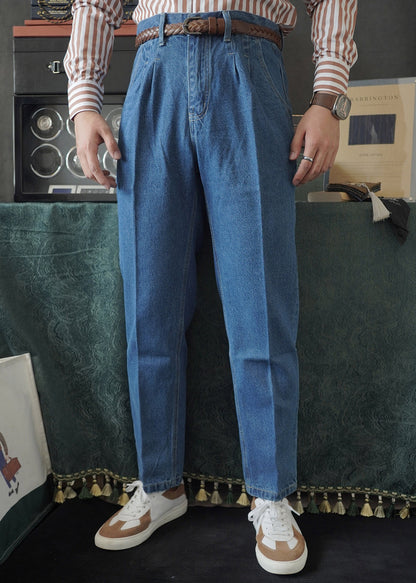 Simple Blue Pockets High Waist Denim Pants Fall