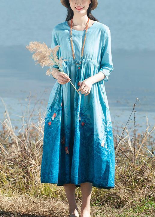 Simple Blue Print Clothes O Neck Tie Waist Dresses Spring Dresses