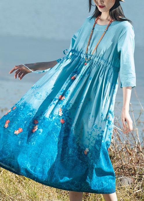 Simple Blue Print Clothes O Neck Tie Waist Dresses Spring Dresses