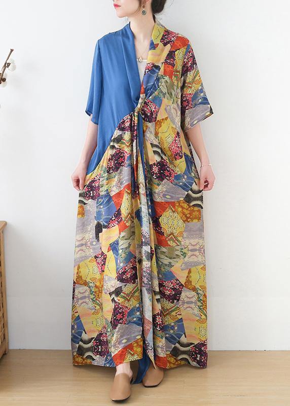 Simple Blue Print Patchwork Summer Chiffon Dress