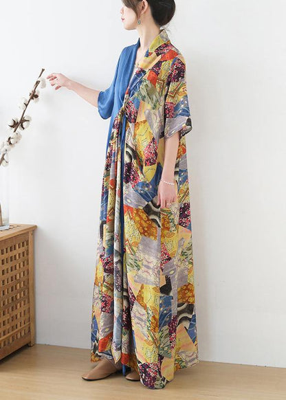 Simple Blue Print Patchwork Summer Chiffon Dress
