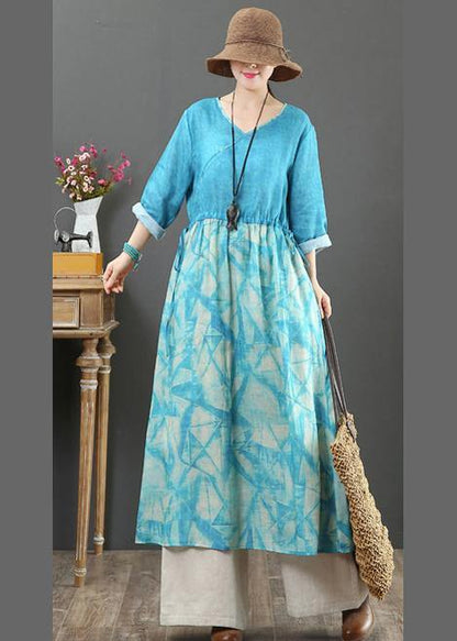 Simple Blue Print Tunic Pattern V Neck Patchwork a Line Spring Dress