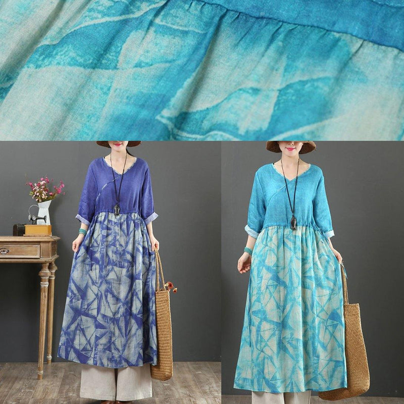 Simple Blue Print Tunic Pattern V Neck Patchwork a Line Spring Dress