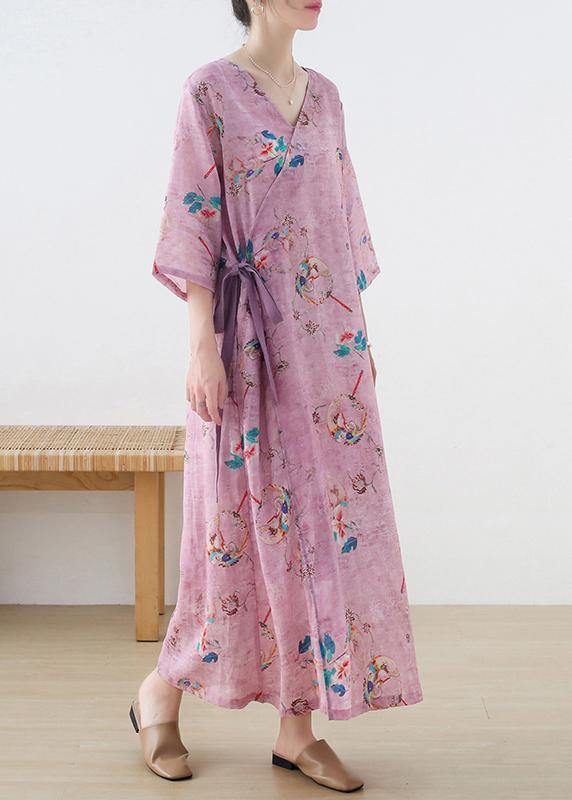 Simple Blue Print Tie Waist Long Dresses Summer Ramie