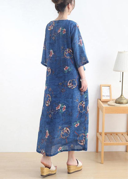 Simple Blue Print Tie Waist Long Dresses Summer Ramie