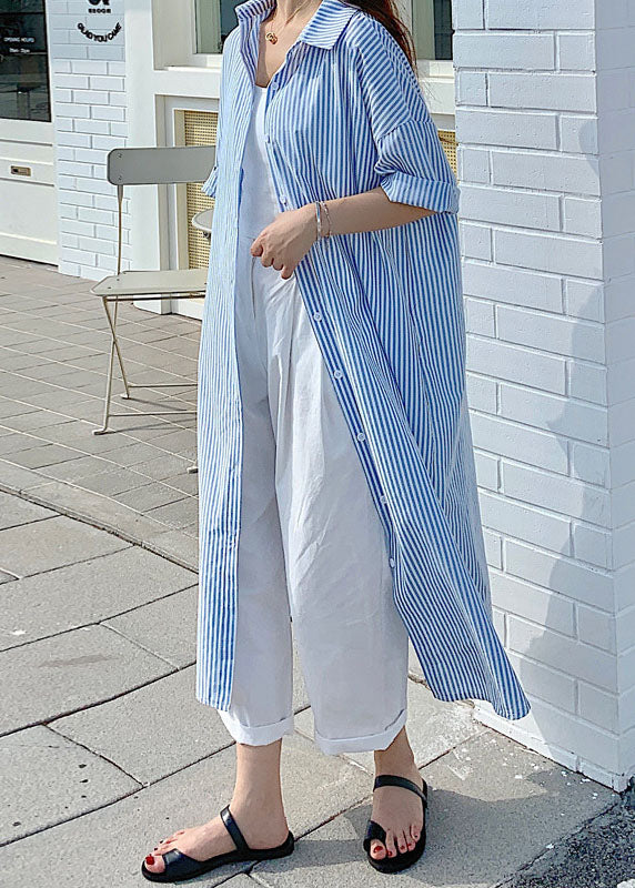 Simple Blue Striped Long Shirts Cotton Dress Short Sleeve