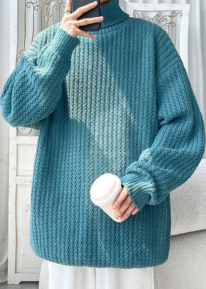 Simple Blue Turtleneck Cozy Knit Sweater Winter