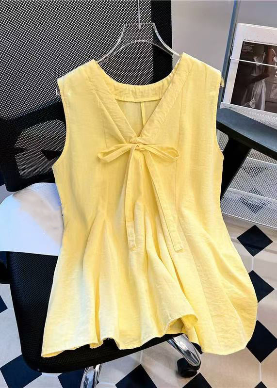 Simple Blue V Neck Bow Cotton Tank Sleeveless