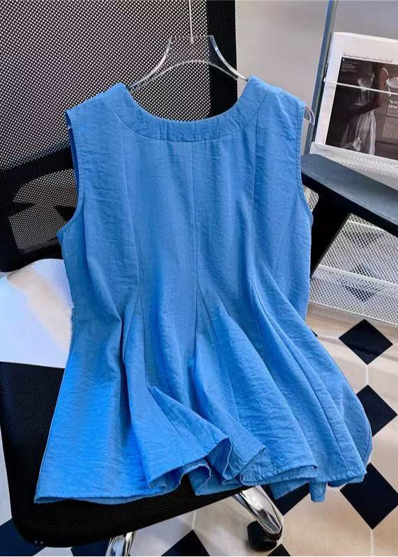 Simple Blue V Neck Bow Cotton Tank Sleeveless