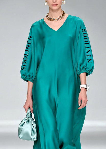 Simple Blue V Neck Graphic Silk Long Dress Lanter Sleeve