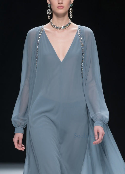 Simple Blue V Neck Chiffon Long Dress Spring