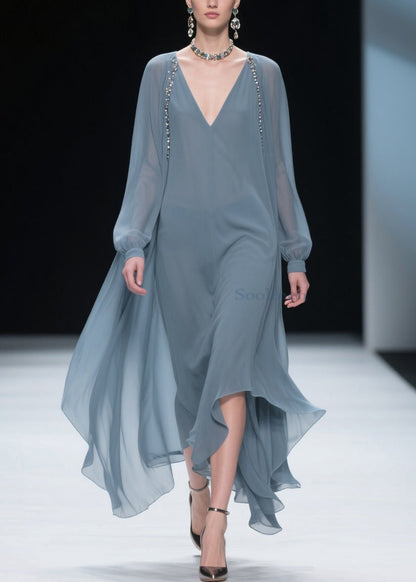 Simple Blue V Neck Chiffon Long Dress Spring