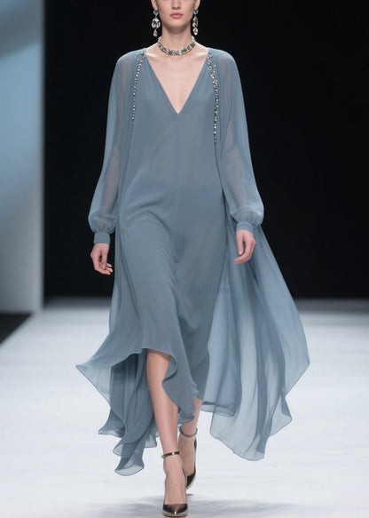 Simple Blue V Neck Chiffon Long Dress Spring