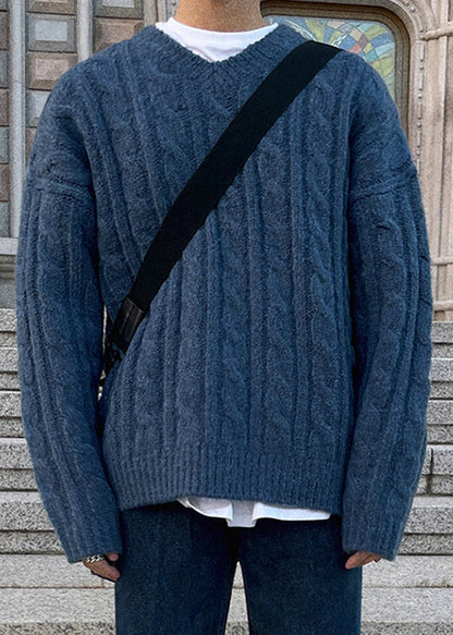 Simple Blue V Neck Thick Cable Cozy Knit Sweaters Spring