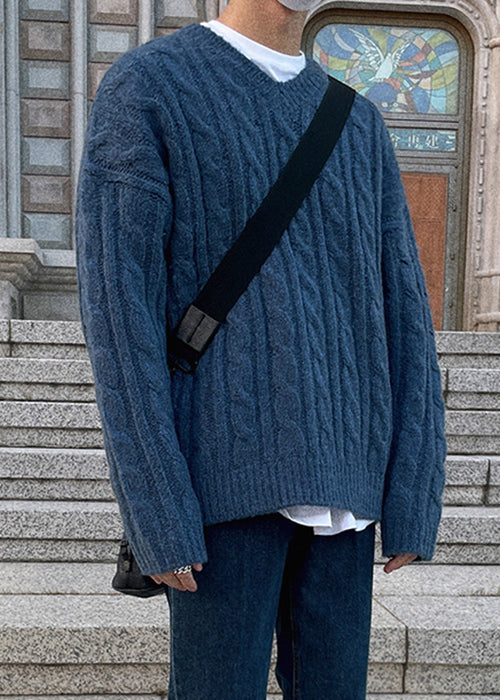 Simple Blue V Neck Thick Cable Cozy Knit Sweaters Spring