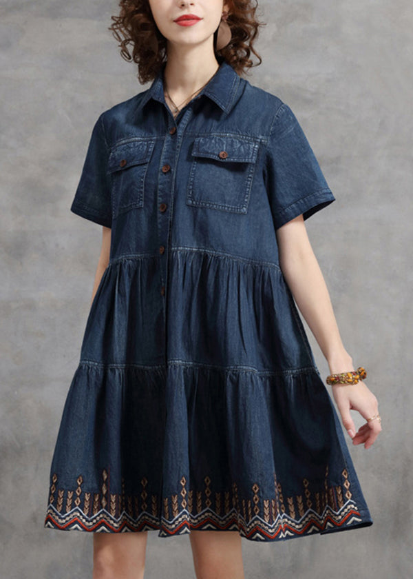 Simple Blue Button Pocket Peter Pan Collar Cotton Vacation Dresses Short Sleeve