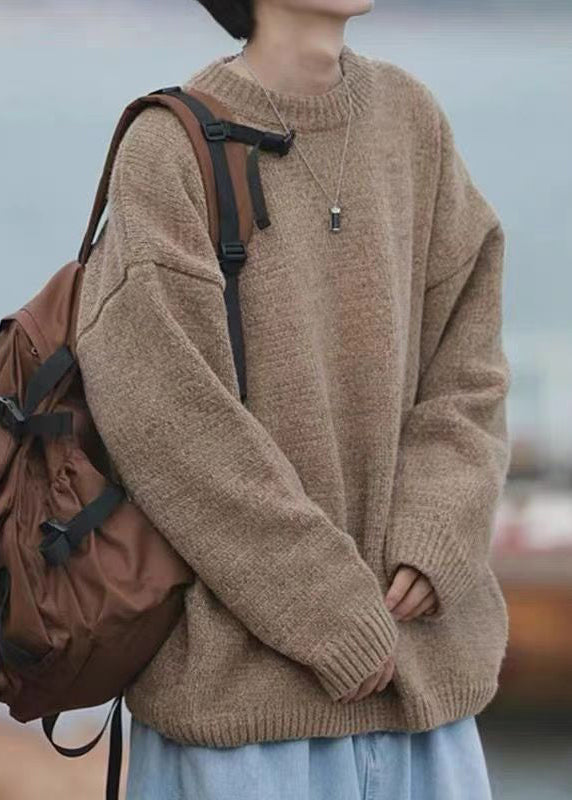 Simple Brown O-neck Knit Sweater Fall