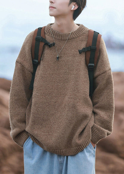 Simple Brown O-neck Knit Sweater Fall