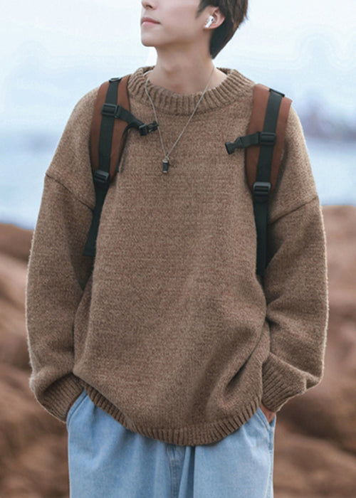 Simple Brown O-neck Knit Sweater Fall