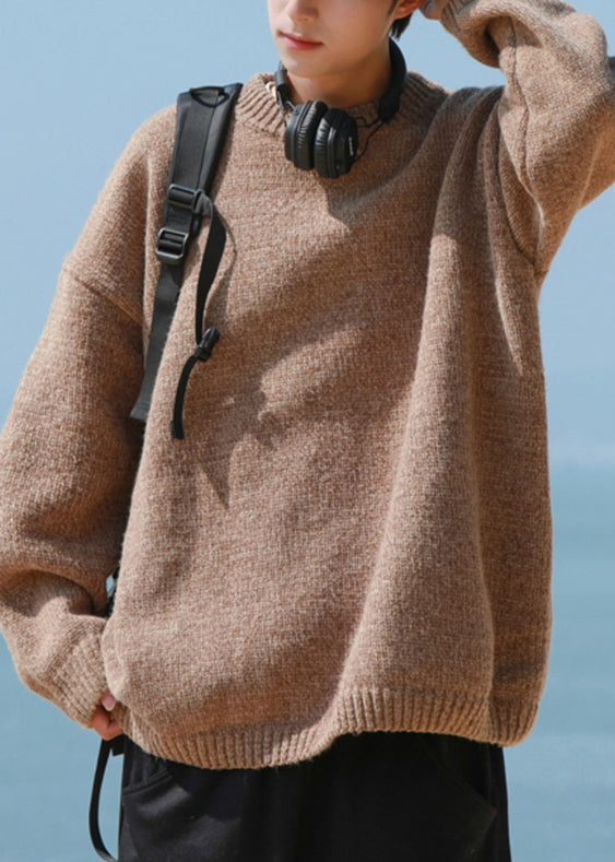 Simple Brown O-neck Knit Sweater Fall