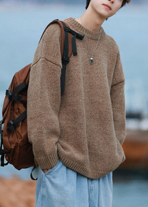Simple Brown O-neck Knit Sweater Fall