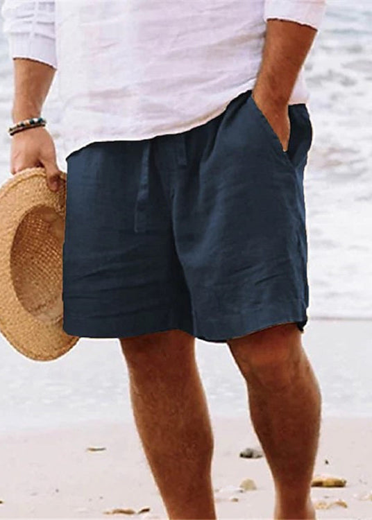 Simple Brown Pockets Elastic Waist Cotton Shorts Summer