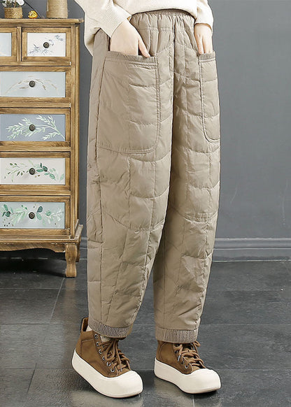 Simple Brown Pockets Warm Duck Down Pants Winter
