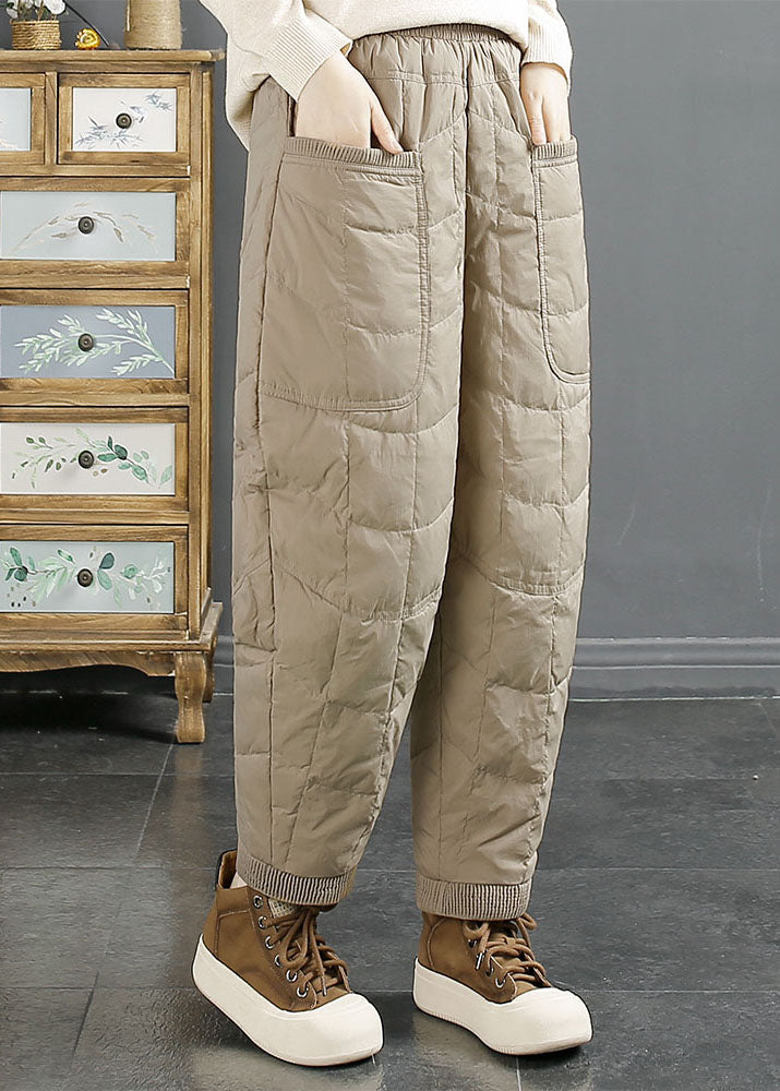 Simple Brown Pockets Warm Duck Down Pants Winter