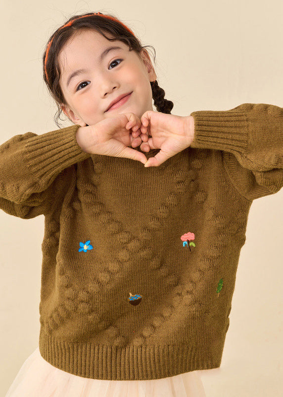 Simple Brown Print Thick Cotton Knit Sweater Puff Sleeve