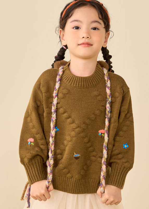 Simple Brown Print Thick Cotton Knit Sweater Puff Sleeve