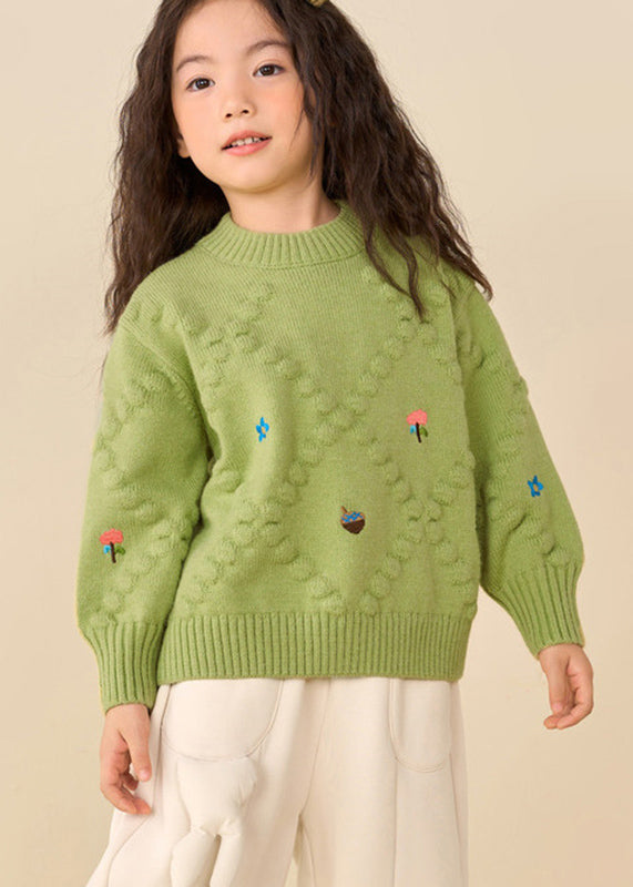 Simple Brown Print Thick Cotton Knit Sweater Puff Sleeve