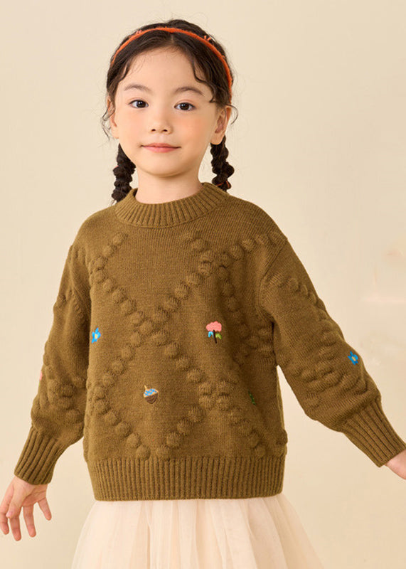 Simple Brown Print Thick Cotton Knit Sweater Puff Sleeve