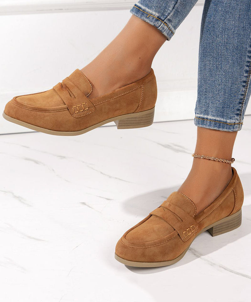 Simple Brown Round Head Suede Low Heel Flats Shoes